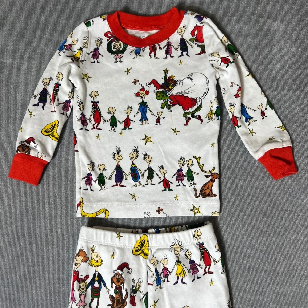 Pottery Barn Kids Dr Seuss The Grinch Organic Cotton Pajamas Set 2T White Red